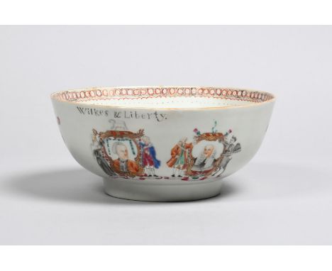 JOHN WILKES AND LORD MANSFIELD A Chinese export porcelain punchbowl, c.1765-70, painted to two sides with a portrait cartouch