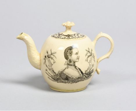 QUEEN CHARLOTTE A Wedgwood creamware teapot and cover, c.1762, the globular body printed in black by Sadler with a named head