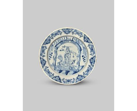 BRISTOL ELECTION OF THOMAS COSTER A Bristol delftware plate, c.1734, painted in blue with a figure of Justice overcoming Envy