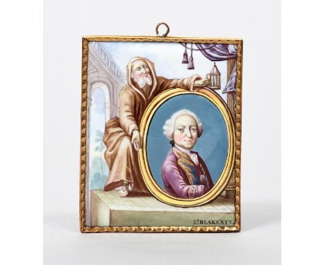 LORD BLAKENEY A rare English rectangular enamel plaque, c.1756-61, painted with a monk holding a lantern over an oval portrai