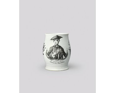 PRINCE FERDINAND OF BRUNSWICK A rare Longton Hall porcelain mug, c.1760, printed in black with a portrait titled 'The Illustr