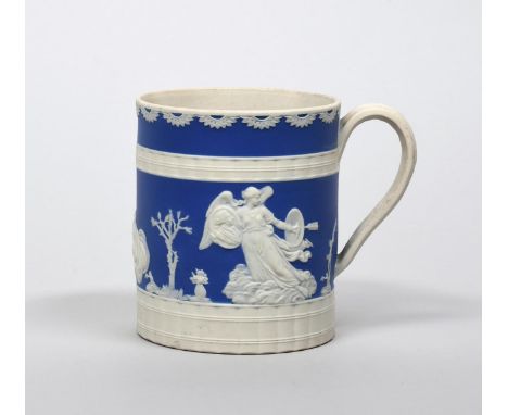 15TH MAY 1800 GEORGE III PRESERVED FROM ASSASSINATION A large Jasperware porter mug, c.1800, the cylindrical body applied in 