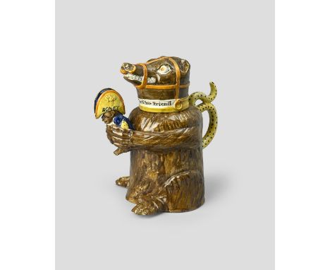 NAPOLEON'S FAILED RUSSIAN CAMPAIGN A Pratt ware 'Bear Baiting' jug and cover, c.1813, the bear hugging a miniature Napoleon t