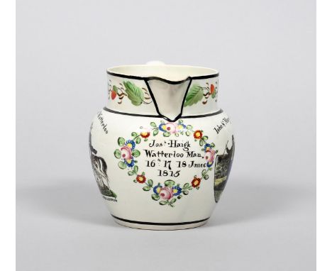 1815 WATERLOO A pearlware jug, dated 1815, printed in black and painted in colours with two figures inscribed 'John and Mary 