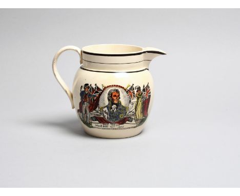 1805 NELSON IN MEMORIAM A creamware jug, c.1805, probably Sunderland, printed in black and decorated in colours with a named 