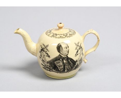 MARQUESS OF GRANBY A Wedgwood creamware teapot and cover, c.1761, the globular body printed in black by Sadler with a named h