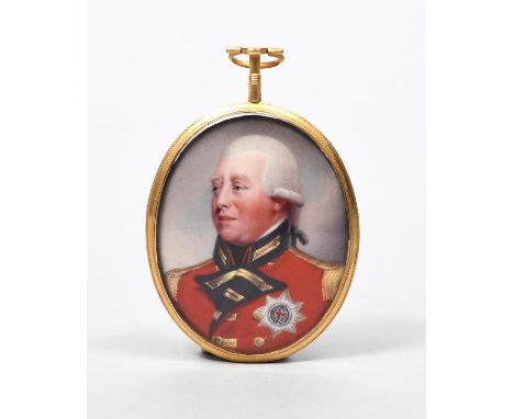 GEORGE III An oval enamel portrait miniature, c.1800, painted in the manner of Henry Bone, dressed in scarlet uniform, the pi