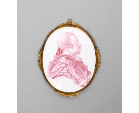 DUKE OF CUMBERLAND A Battersea enamel oval plaque, c.1755-60, engraved by Ravenet and printed in puce with a head and shoulde