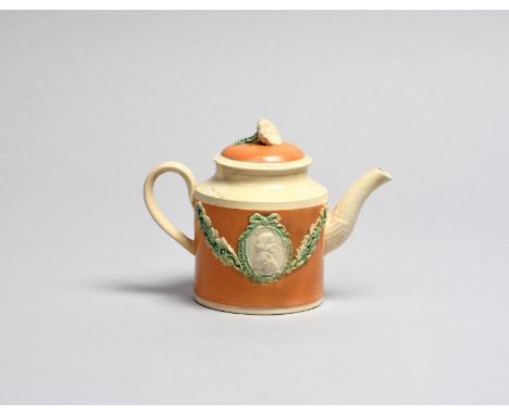 ADMIRAL RODNEY A Staffordshire creamware teapot and cover, c.1780, the cylindrical body applied to each side with an oval por