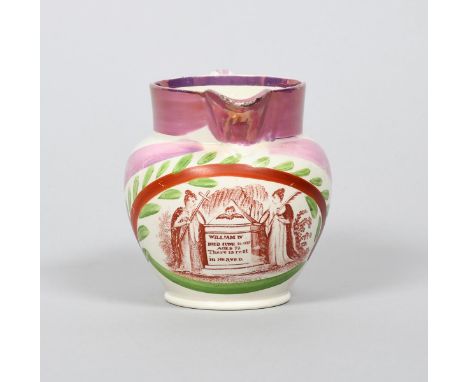 1837 WILLIAM IV IN MEMORIAM A rare small Sunderland lustre jug, c.1837, printed in red with figures grieving at a tomb inscri