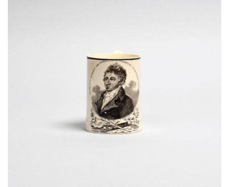 SIR FRANCIS BURDETT A Sunderland creamware mug, c.1810, the cylindrical body printed in black with a portrait oval engraved b