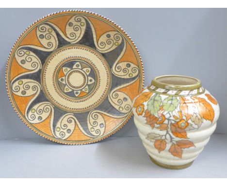 A Crown Ducal tube lined vase, signed Rhead L to base and a Charlotte Rhead tube lined charger 