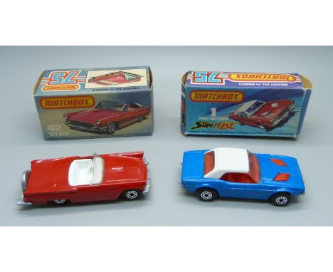 Two vintage Matchbox 75 cars; a 1 Dodge Challenger Superfast and a new 42 '57 T-Bird 