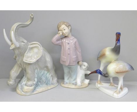 Two Nao figures, Sleepy Head and Elephant and a Hollohaza Hungary figure of two Ibis 