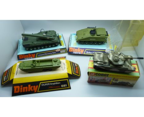 A D.U.K.W. Amphibian Dinky Toys 681 model Speed Wheels in original packaging, a/f, a Dinky Toys 699 Leopard Recovery Tank in 