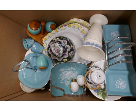 Three boxes of assorted china and household items, miniature bottles of spirits, crystal pendant light fitting, retro china, 