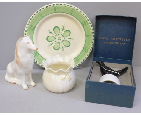 Two items of Belleek, one small basket vase, a Rough Collie dog, a Clarice Cliff 'Christine' plate and a Royal Worcester porc