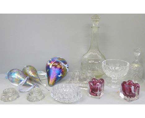Three blown glass oil coloured hanging ornaments, decanter, etc. 