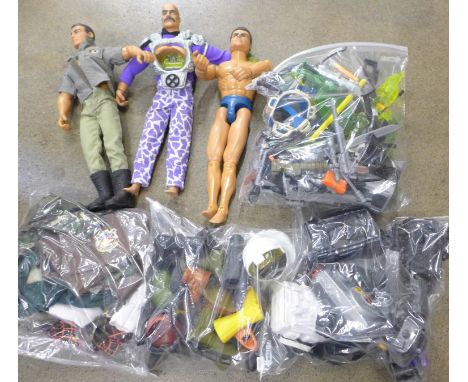 An articulated Action Man, one other, a Doctor X figure, and a collection of accessories, clothing, tools, etc. 