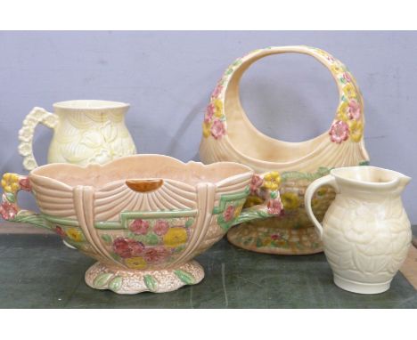 Three Arthur Wood pieces; a garden wall planter, a basket, a jug, basket a/f and a Hancocks Ivory Ware jug **PLEASE NOTE THIS