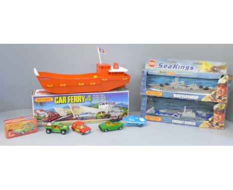 Three vintage Matchbox models in original boxes; a Sea Kings K-303 Superfast Battleship, box a/f, a Sea Kings Aircraft Carrie