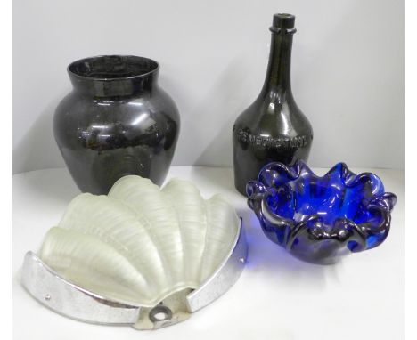 A Benedictine drinking vessel, a Bristol blue glass bowl, a vintage shell light fitting and a studio glass vase (4) 