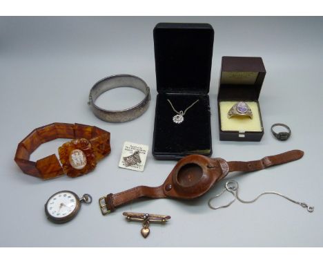 A silver and Blue John ring, Z, a silver bangle, an .800 silver fob watch, a gold plated brooch, a cameo set bracelet, etc. 