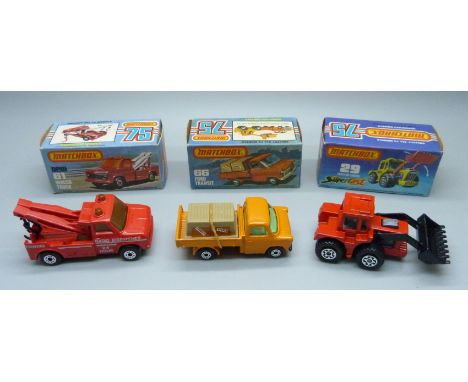 Three vintage Matchbox 75 cars in original boxes; a 29 Tractor Shovel Superfast, a new 61 Wreck Truck and a 66 Ford Transit 
