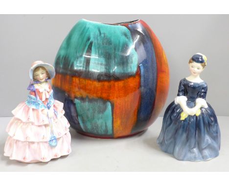 Two Royal Doulton figures, Cherie and Hazel, Hazel a/f, and a Poole Pottery Gemstones small purse vase 