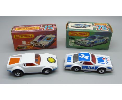 Two vintage Matchbox 75 cars; a 8 De Tomaso Pantera Superfast and a new 34 Chevy Pro Stocker 