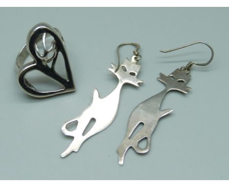 A 925 silver stylised heart ring marked DK, size N, and a pair of 925 silver cat earrings 