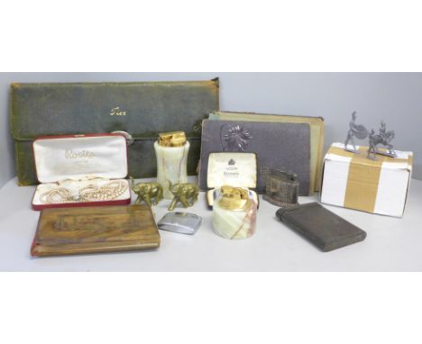 An Art Nouveau postcard album (no postcards included), a vintage tie holder, an unused wooden inlaid book from Jerusalem with