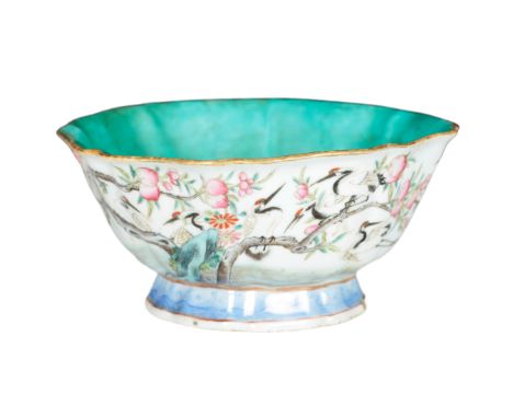 A CHINESE FAMILLE ROSE LOBED BOWL with Tongzhi seal marks in iron-red, painted with cranes among peaches and another bowl pai