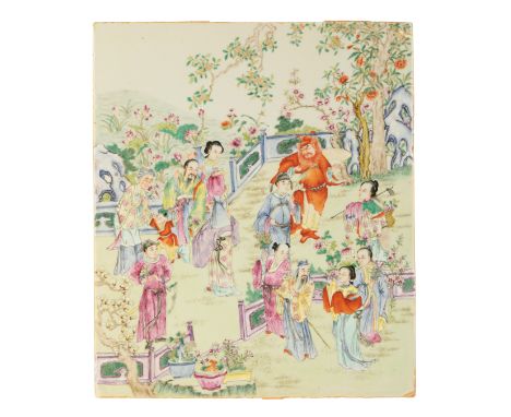 A LARGE CHINESE FAMILLE ROSE PORCELAIN PLAQUE probably Qing, of rectangular form painted with immortals and attendants in a r