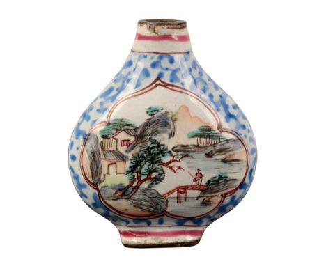 A CANTON ENAMEL SNUFF BOTTLE Qing, with landscape panels on a blue floral ground, 4.5cm high