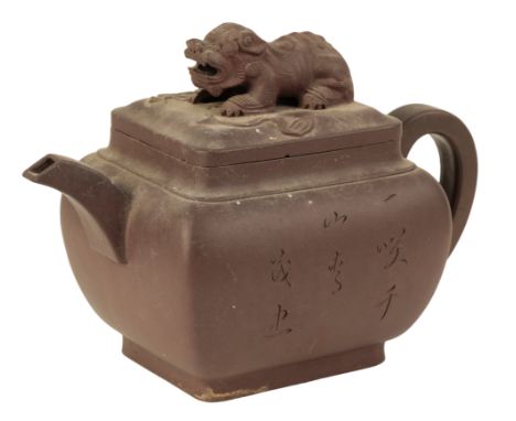 A CHINESE YIXING TEAPOT of rounded rectangular form, with a curved spout and a simple loop handle, the cover modelled with a 