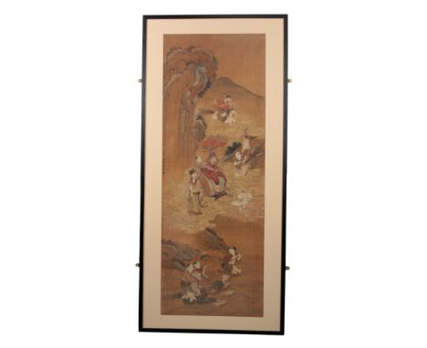 A CHINESE SCROLL PAINTING Ming/Qing, painted on silk with a dignitary in a chariot pulled by dogs and attendant figures benea