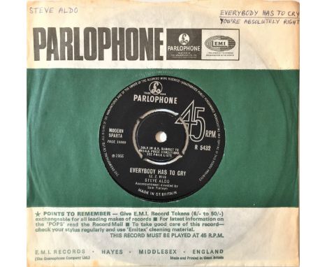STEVE ALDO - EVERYBODY HAS TO CRY 7" (ORIGINAL UK PARLOPHONE STOCK RELEASE - R 5432). A foot stompin 60s mod/ beat gem by Liv