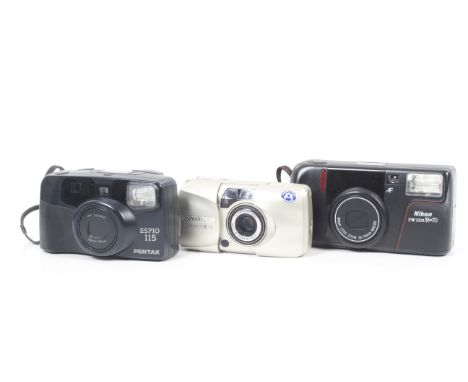 Three 35mm compact point and shoot cameras. To include an Olympus MJU III 115, a Pentax Espio 115 and a Nikon TW Zoom 35-70. 
