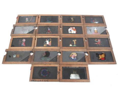 Eighteen moving magic lantern slides. Hand coloured. Featuring comical examples, workers, animals and more.