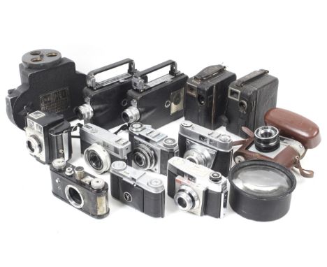 An assortment of film cameras and cine cameras. To include a Corfield Periflex (AF), a Minolta 24 Rapid, Kodak a Retinette 1A