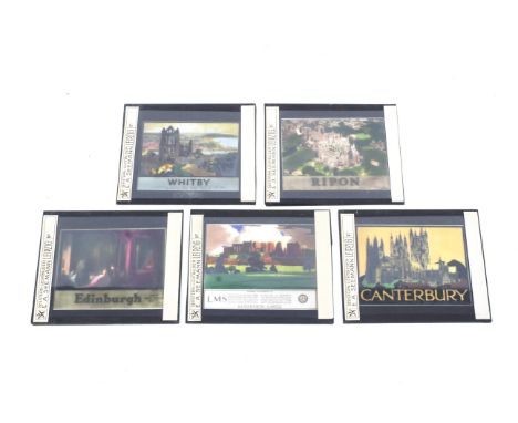 Five British Railways coloured glass magic lantern slides. In the style of early 20th century posters. Including Canterbury b