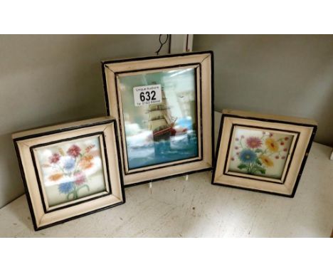 3 vintage framed 3D paintings on glass