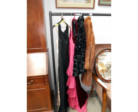 2 Fur coats and 4 vintage ladies evening dresses