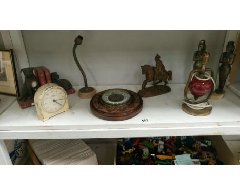 An Edwardian barometer, spelter figures & chess clock etc.