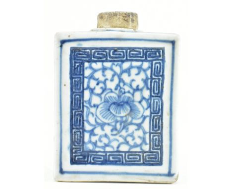 A Qing dynasty Daoguang blue and white tea caddy/ canister. The rectangular shaped tea caddy decorated with floral and foliag