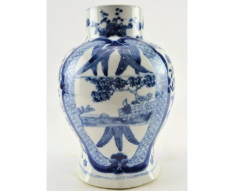 A blue and white "Figurine" vase. The baluster vase has a cylindrical neck with octagonal base, the neck of the vase decorate