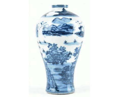 A blue and white miniature vase. The baluster shaped meiping vase decorated two blue rings on the vase neck, leaf motifs on t