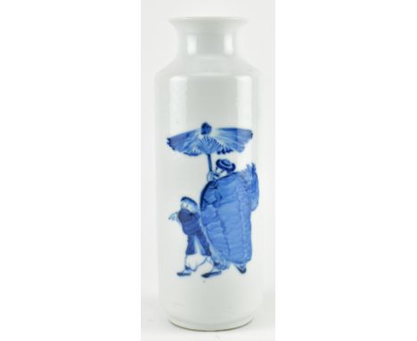 A Qing dynasty blue and white rouleau ceramic vase. The vase depicting a scene of a man wearing a pipal raincoat holding an u