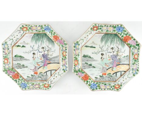 A pair of Japanese Meiji period (1868-1912) octagonal enamelled chargers. Each charger decorated with two maidens by willow t